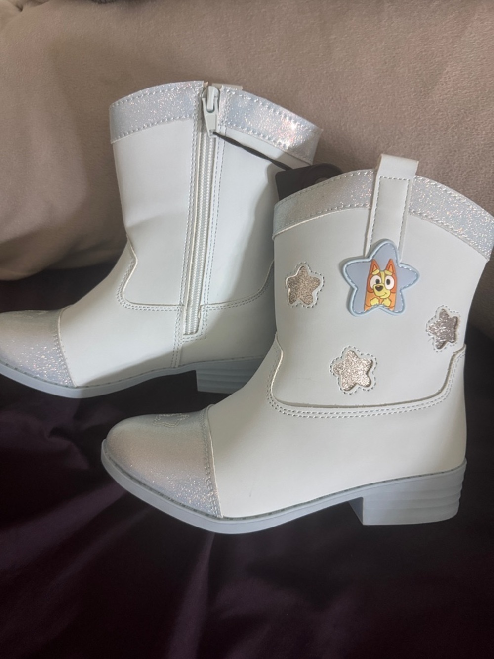 Kids White Glitter Star Patch Boots